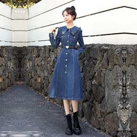 法式牛仔连衣裙女中长款年春季收腰显瘦字裙单排扣衬衫裙子
