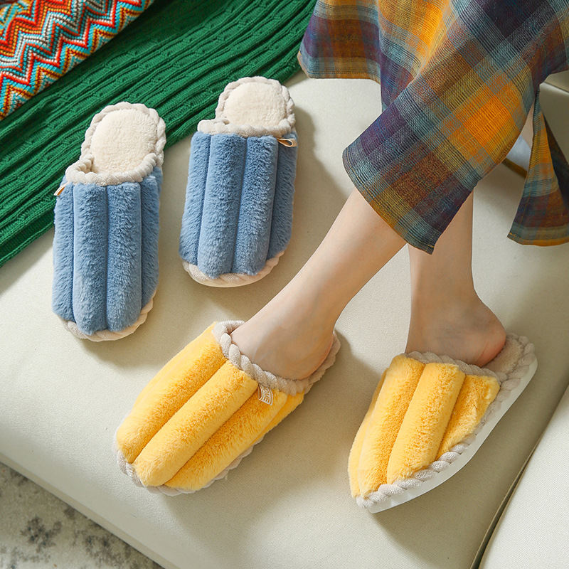 Zapatillas masculinas de otoño y invierno interior antideslizante suave de peluche caliente pareja zapatillas de algodón mujer pareja color caramelo