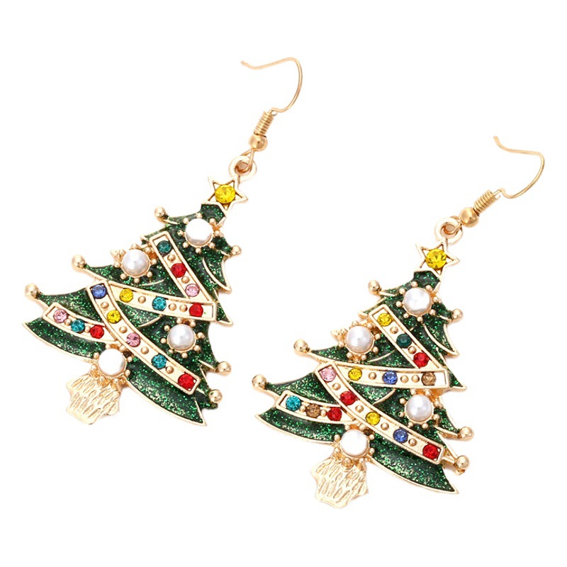 European and American imitation pearl colored diamond star Christmas tree earrings female cute alloy dripping oil Christmas earrings new earrings