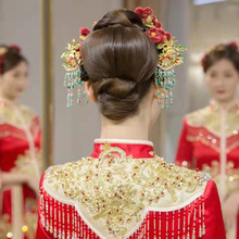 紅色秀禾頭飾絨花毛球新年新娘發飾仙鶴發簪流蘇步搖中式經典古裝