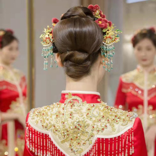Red Xiuhe Headwear Fluffy Flower Hair Ball New Year Bride Hair Accessories Crane Hairpin Tassel Chinese Classic Costage