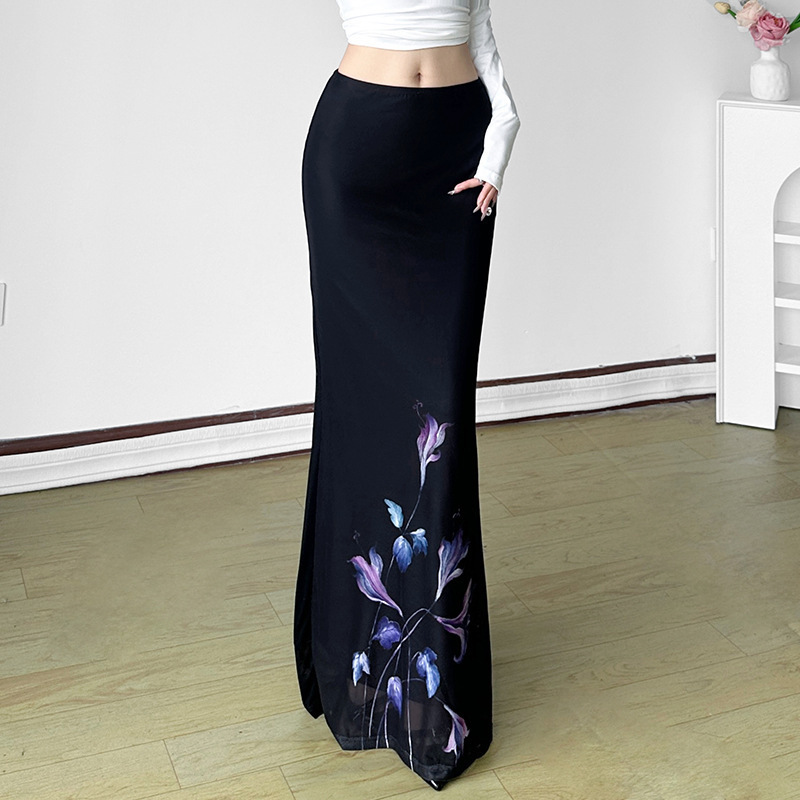 Retro Purple Plant Print Slimming Skirt Women's High-Waisted Slit Dance Mesh Long Skirt Spring High-Waisted Slimming Skirt