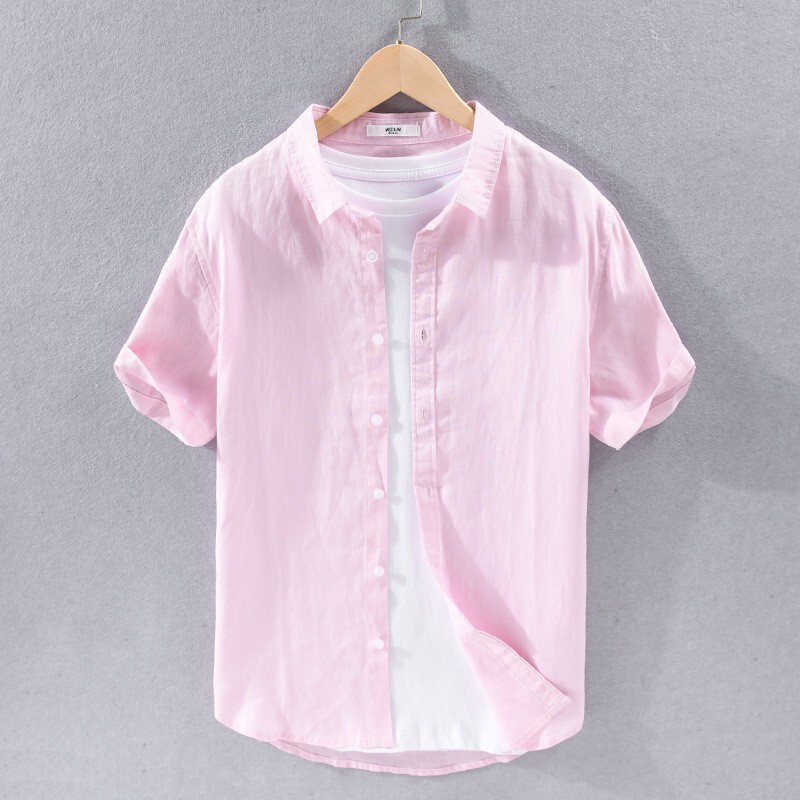 Pure Linen Summer Short-Sleeved Shirt for Men, Solid Color, Simple and Versatile, Casual Linen Shirt, Solid Color, Breathable and Versatile