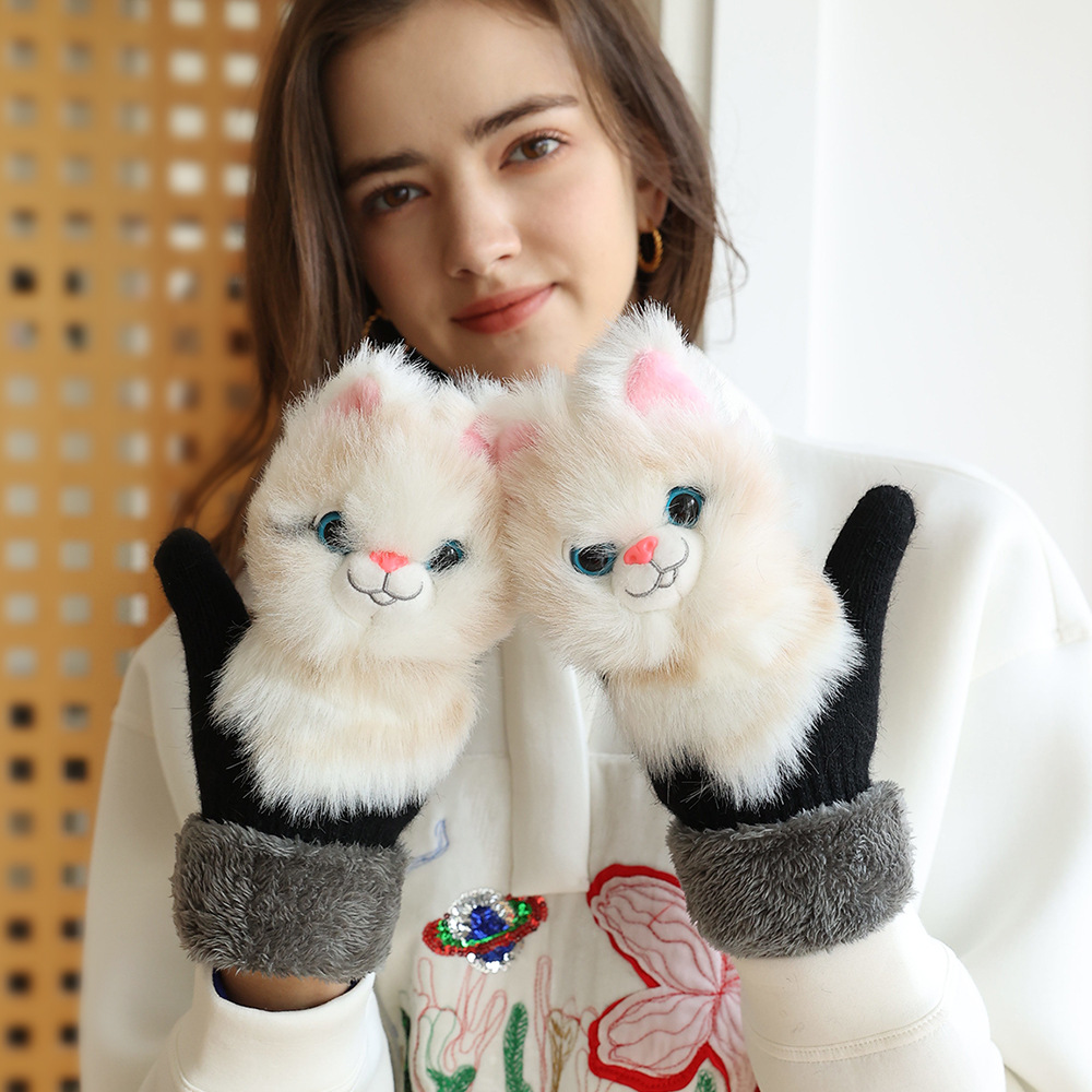 Guantes de piel de conejo de invierno de las mujeres de dibujos animados lindo forro polar grueso cálido estilo coreano guantes de felpa transfronteriza