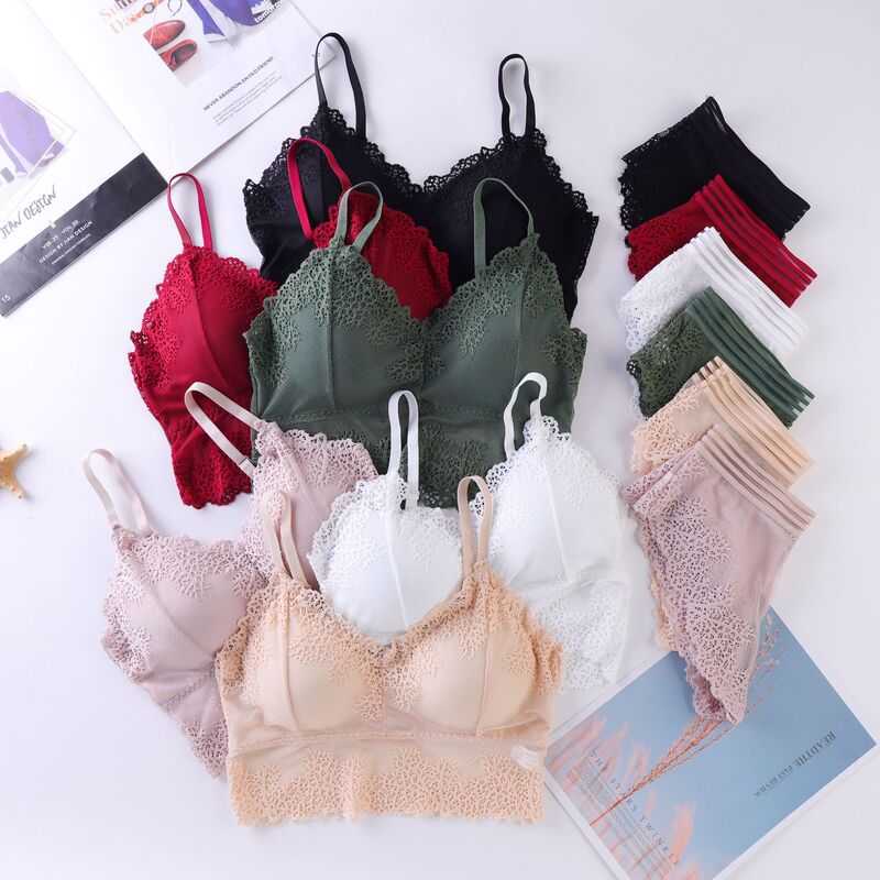 [set] cross-border lace underwear hollowed-out back bra comfortable slim camisole set wrapped chest