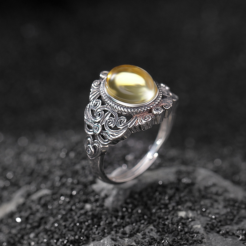 Nhẫn bạc S925 đính đá Citrine tự nhiên hình bầu dục rỗng họa tiết xoắn phong cách châu Âu — một mảnh
