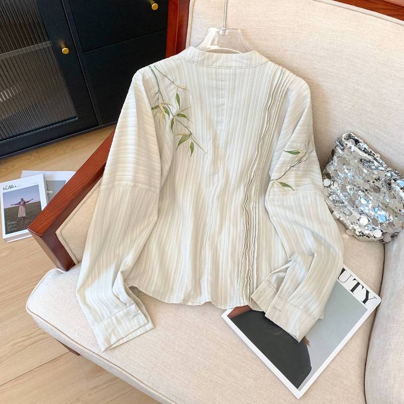 搭配马面裙立领刺绣衬衣秋季新中式提花长袖上衣女汉元素国风衬衫|undefined
