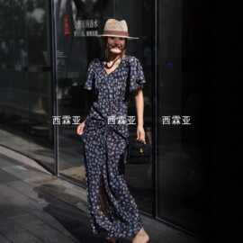 金辉夏季新款高奢时尚真丝双绉印花领大波浪袖腰抽绳连衣裙
