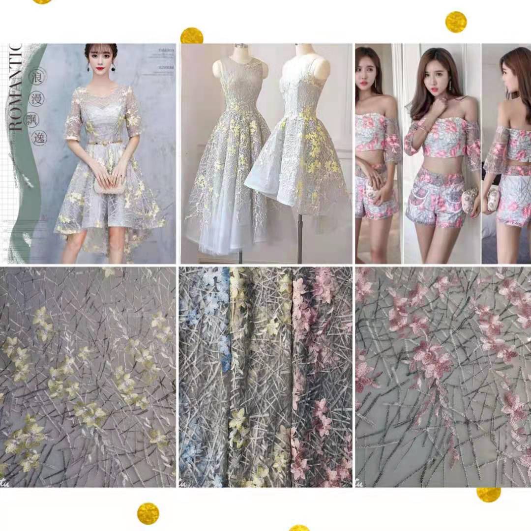 2021年新款无弹瑞士网交叉小花立体刺绣 特色仙美款 裙装面料现货