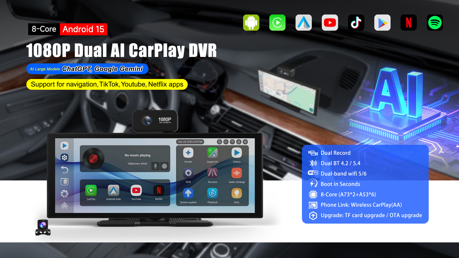 11.4inch Dashcam with Front and Rear Dual Recording, Wireless Carplay, Smart Screen, In-Car Navigation, Large Car Screen