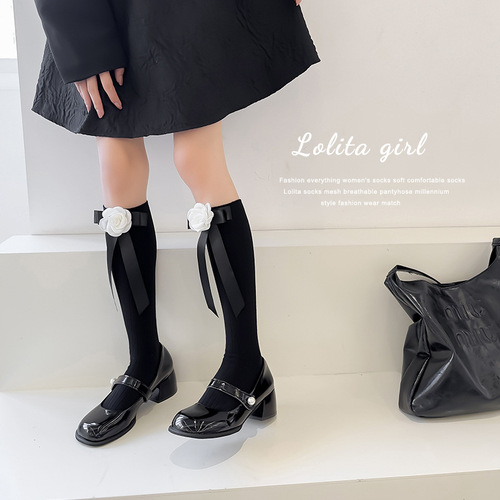 Camellia black bow calf socks Japanese style small fragrant girl middle tube retro Lolita pure desire calf socks