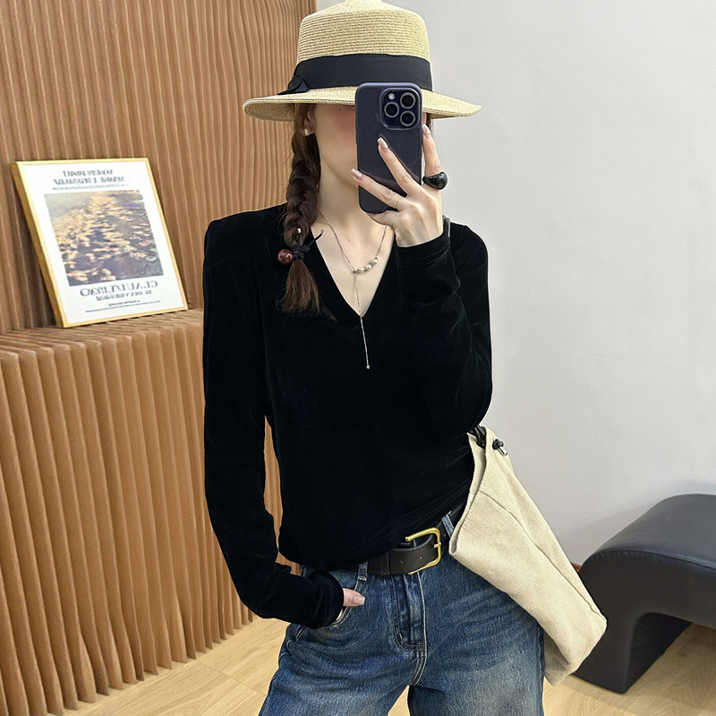 复古V领金丝绒长袖T恤女欧洲站2025早秋新款欧货女装洋气打底衫潮|undefined
