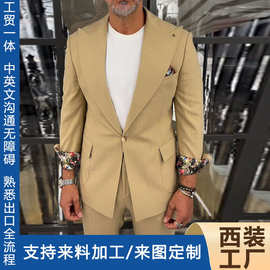 欧美外贸亚马逊商务休闲时尚条纹袖口拼印花西服两件套男跨境西装