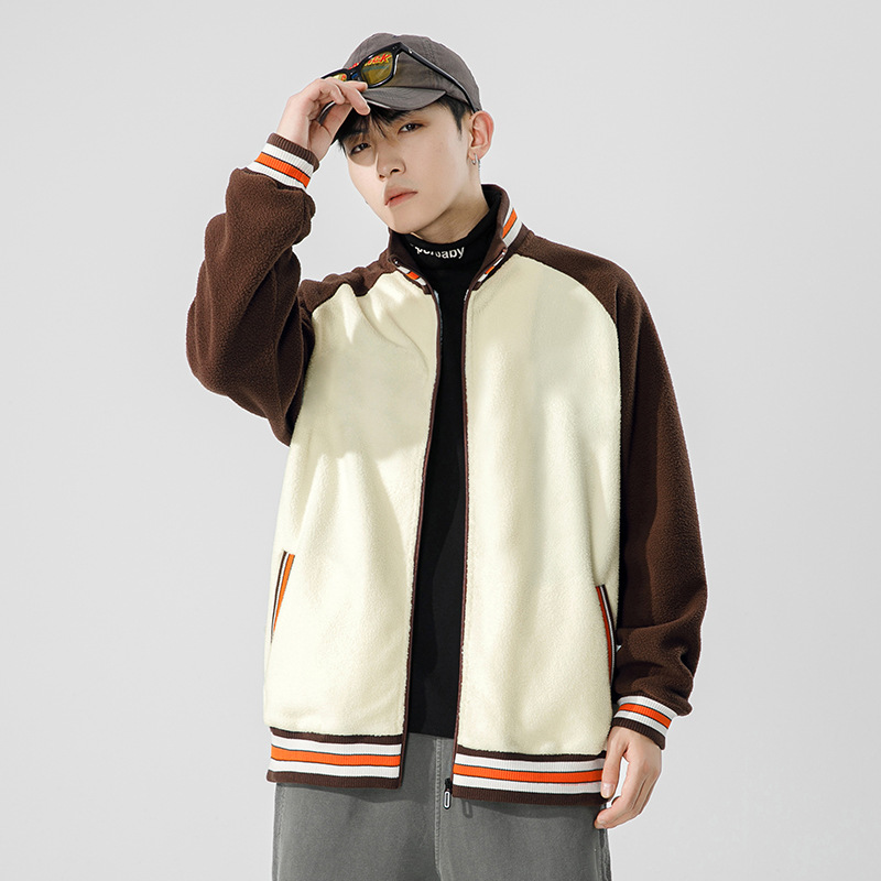 Men's cardigan sweater Olympic fleece autumn and winter color matching stand collar zipper loose polar fleece warm thickened coat