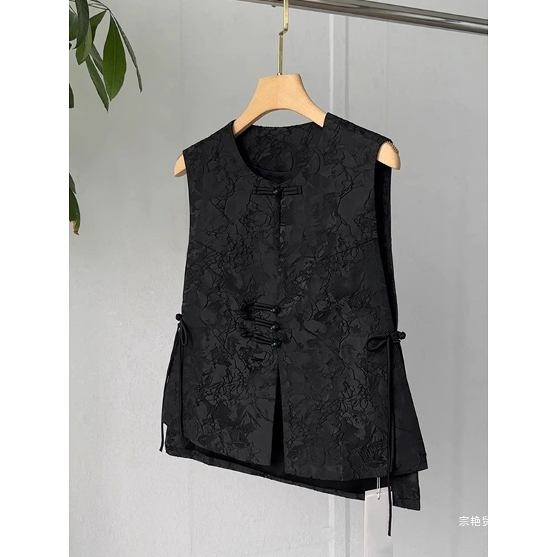 Chinese Style High-End Black Jacquard Vest Women's Summer Retro New Chinese Style Buttoned Round Neck Waistcoat Top