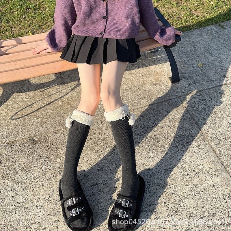 毛球加绒lolita过膝袜子女秋冬季长筒加厚日系jk洛丽塔白色小腿袜|undefined