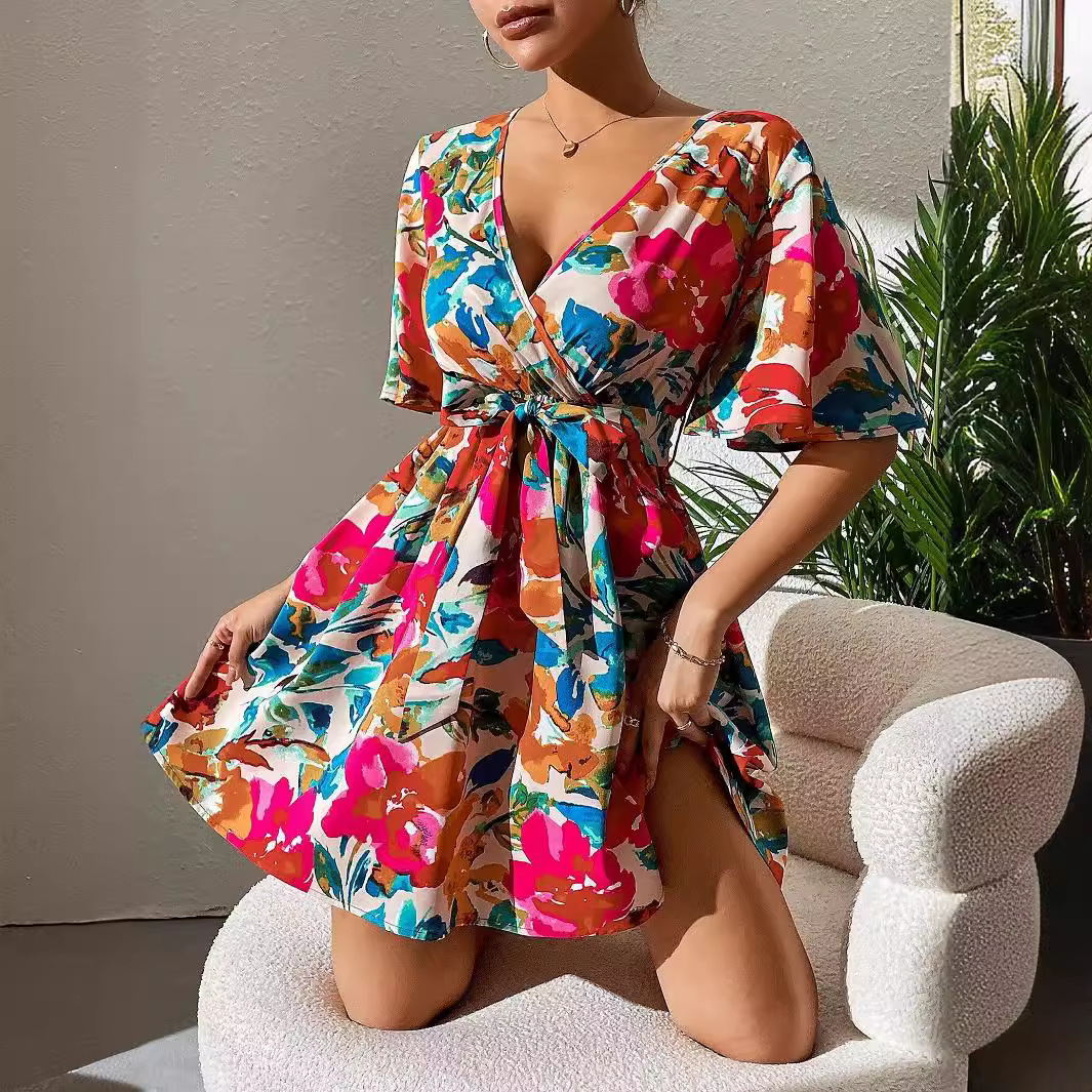 European and American cross-border summer 2025 new elegant ladies fashionable floral print cross-neck belt dress
