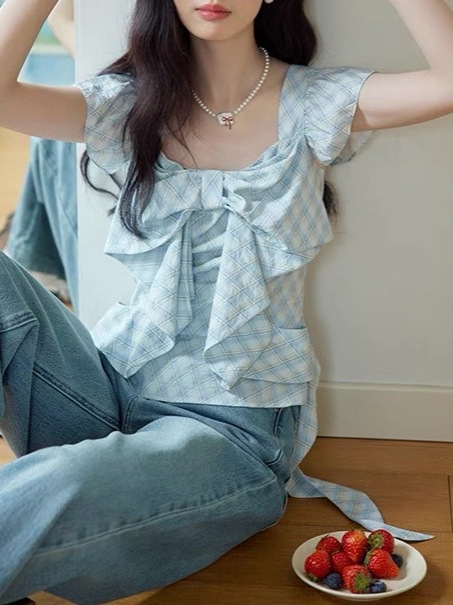 法式复古格子衬衫女夏飞飞袖设计天丝云感面料V领短袖|undefined