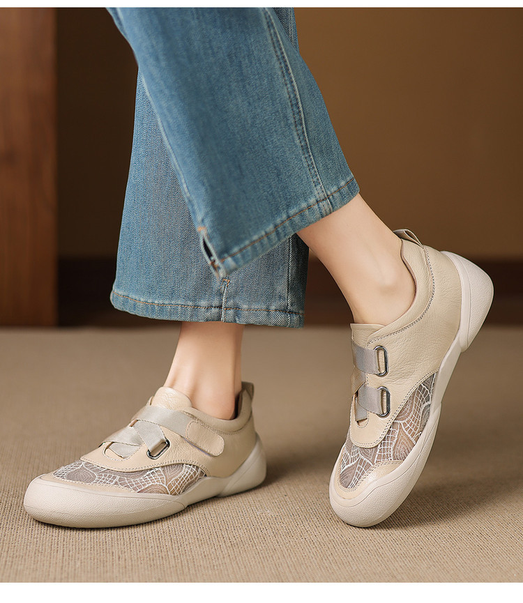 Giày sneaker nữ phối màu da thật lỗ thoáng khí đế bệt buộc dây kết hợp miếng dán — màu trắng ngà chi tiết 12
