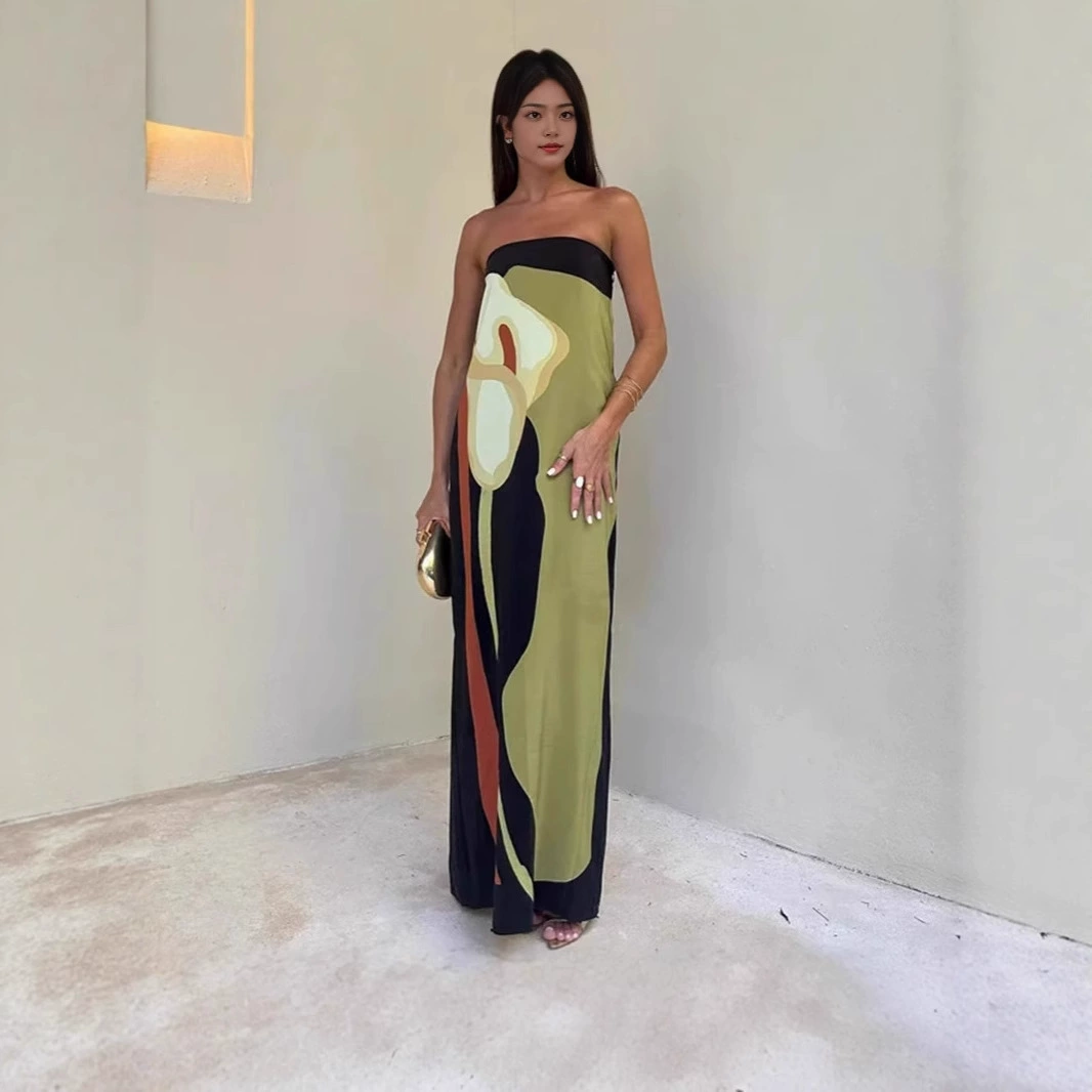 Популярное платье оптом с AliExpress 2025 года, ранняя летняя элегантная безрукавка с открытой спиной, облегающее платье с принтом