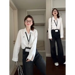 韩系简约刺绣小马长袖衬衫外套女春秋季内搭气质通勤开衫白色衬衣