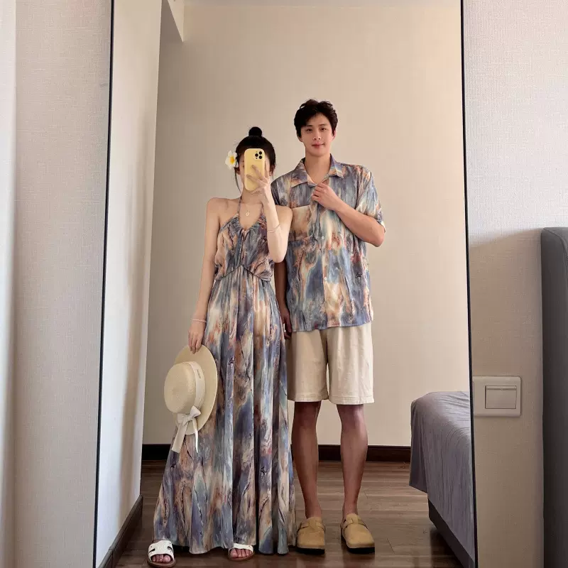 法式情侣装夏季海边沙滩裙度假旅游拍照吊带连衣裙男休闲短袖衬衫