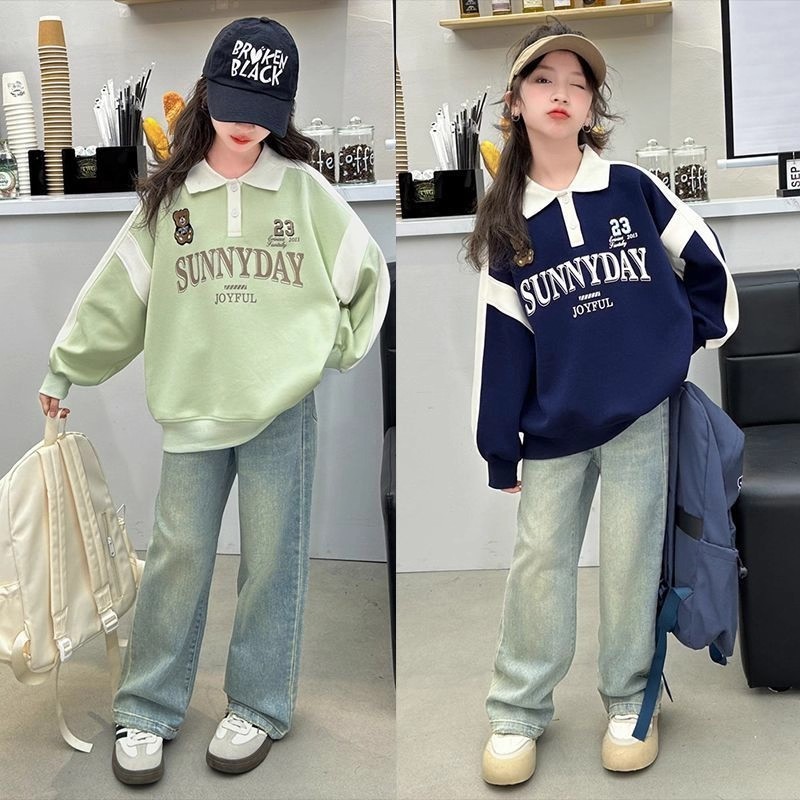 女孩秋季POLO领上衣潮中大童拼色运动风春季新款翻领洋气时尚卫衣|undefined