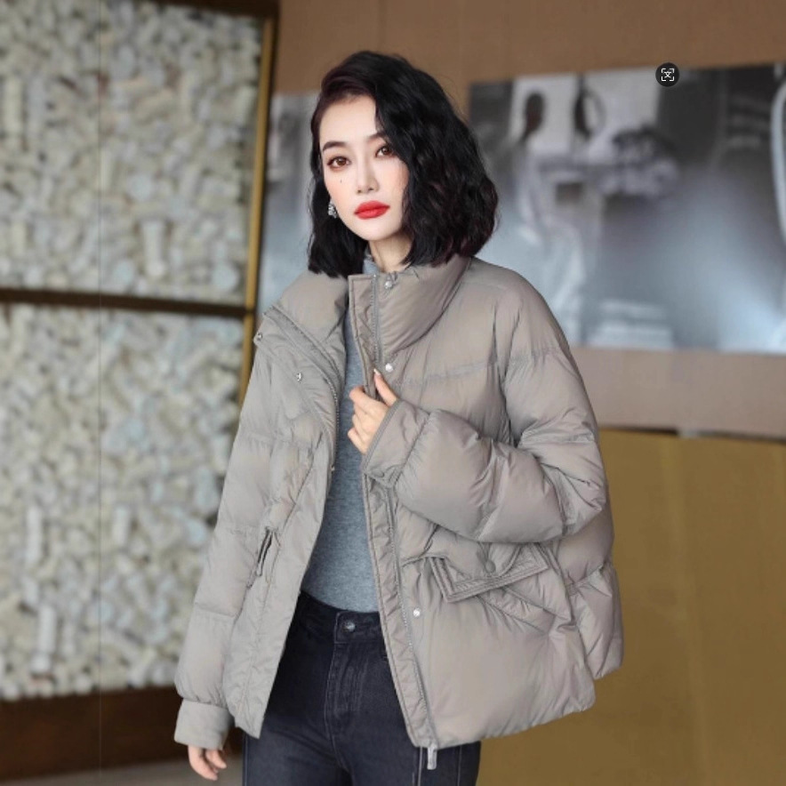 Invierno nuevo cuello vertical chaqueta de plumón mujer abrigo abrigo abrigo corto suelto stock