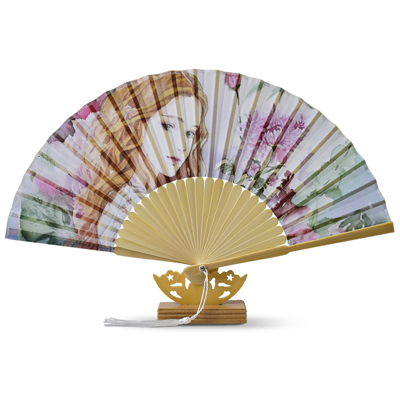 Dos de bambú verde hueso plano ventilador de hilo europeo famoso ventilador plegable pintura amanecer impresión señora seda ventilador 21cm plana