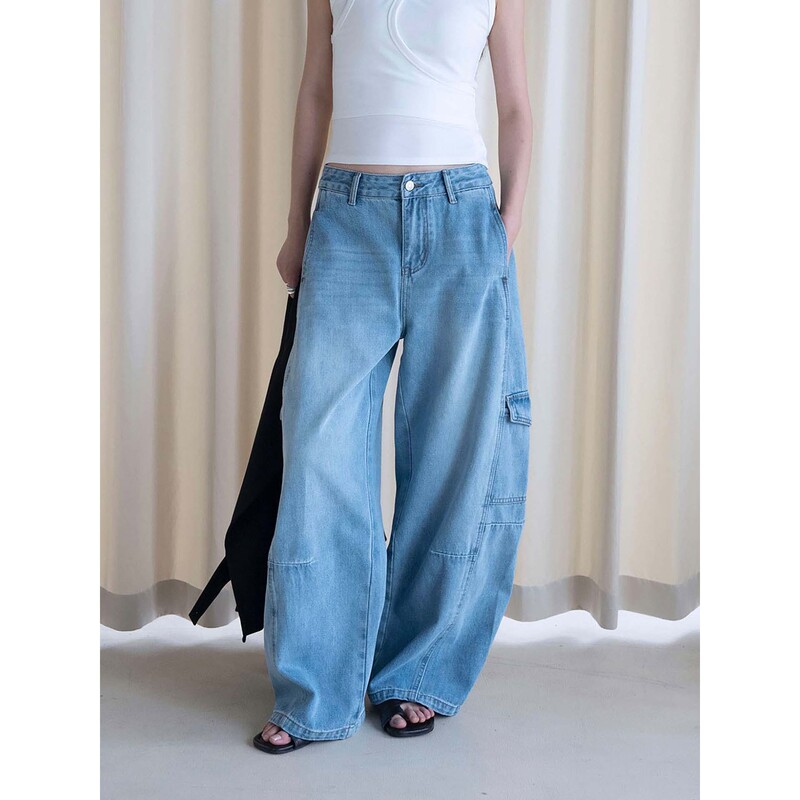 Louvre's New Summer Style Korean Retro Workwear Distressed Washed Side Pocket Patchwork Jeans Loose Straight-Leg Pants for Women