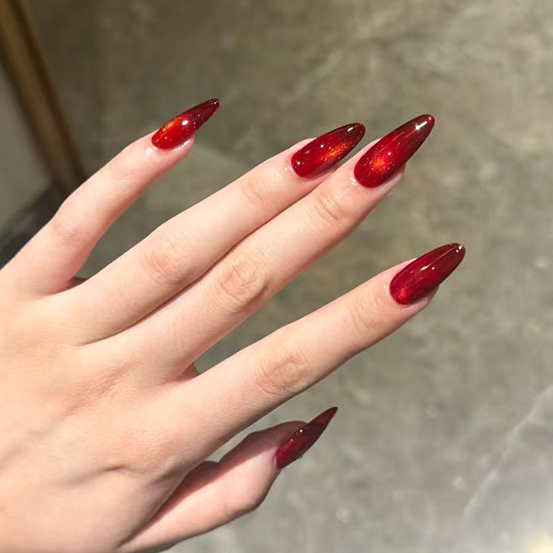 Solid Color Glossy Wearable Nail Tips Red Almond-Shaped Cat Eye Nail Stickers for Fingers Wholesale Finished Product Solid Color Glossy Wearable Nail Tips Red Almond-Shaped Cat Eye Nail Stickers for Fingers Wholesale Finished Product