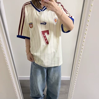 美式ins潮牌条纹撞色v领短袖t恤女夏季宽松型运动休闲球衣风上衣