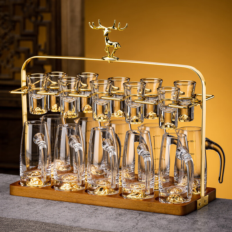 Juego de copas de licor de vidrio con oro, estilo chino, conjunto elegante de vasos pequeños y jarra, venta al por mayor