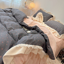 秋冬花边款全棉双层纱加绒保暖四件套纯棉B版牛奶绒被套床裙床笠