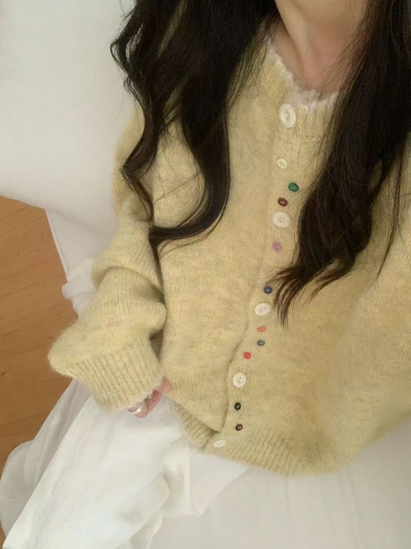 韩版彩扣撞色软糯百搭针织长袖开衫女秋冬新款宽松显瘦圆领毛衣潮|undefined
