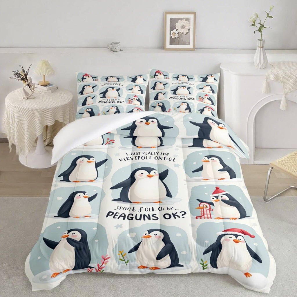 TEMU / JIT lindo pingüino impresión digital 3D 180gms suave y cómodo colcha colchón conjunto de almohada