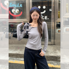 韩系斜肩露肩绑带长袖T恤女早秋穿搭褶皱显瘦不规则打底内搭上衣