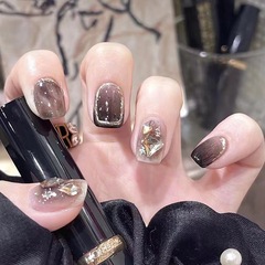 Crystal champagne diamond wearable nail dark beauty nail art black gradient fake nail nail sticker set nail finished nail plate