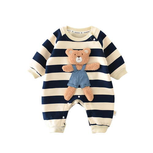 Abaonannan Spring and Autumn Korean version of infant striped fart clothing ins baby fleece thickened bear doll crawling clothing