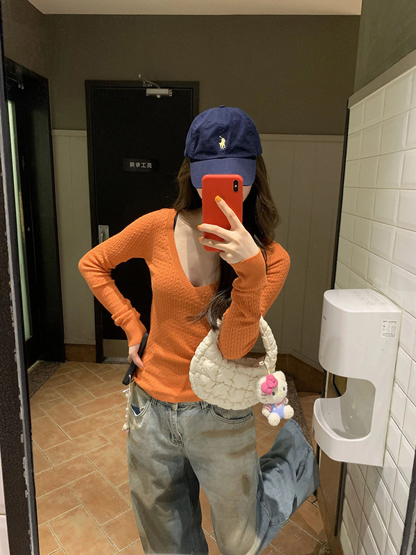 早秋新款辣妹修身长袖领橙色麻花针织打底衫女内搭毛衣上衣|undefined