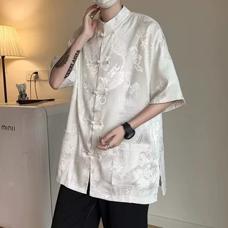 新中式国风夏季暗纹盘扣白色复古衬衣宽松短袖唐装衬衫ins潮男女