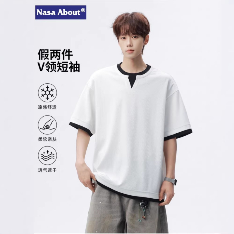 Nasa Fake Two-Piece V-Neck Ice Silk Short-Sleeve T-Shirt for Men, Summer Thin Style, 2026 New Model, Loose Casual Half-Sleeve Tee Nasa Fake Two-Piece V-Neck Ice Silk Short-Sleeve T-Shirt for Men, Summer Thin Style, 2026 New Model, Loose Casual Half-Sleeve Tee