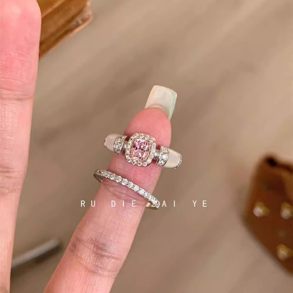 Xiaohongshu Same Style Pink Sugar Cube Ring for Women, Niche Fashion, Light Luxury, Stackable, Diamond-Studded Zircon Adjustable Ring Wholesale
