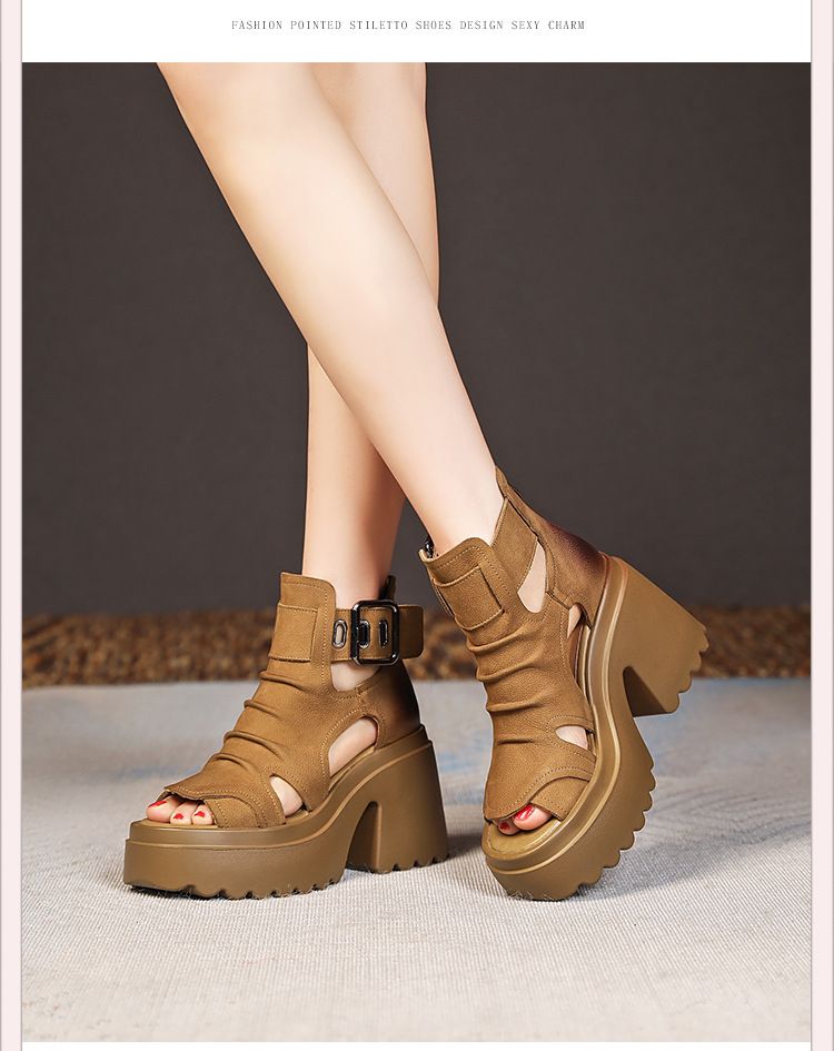 Sandal nữ gót thô miệng cá đế chống nước, tăng chiều cao 10 cm — Màu đen chi tiết 5