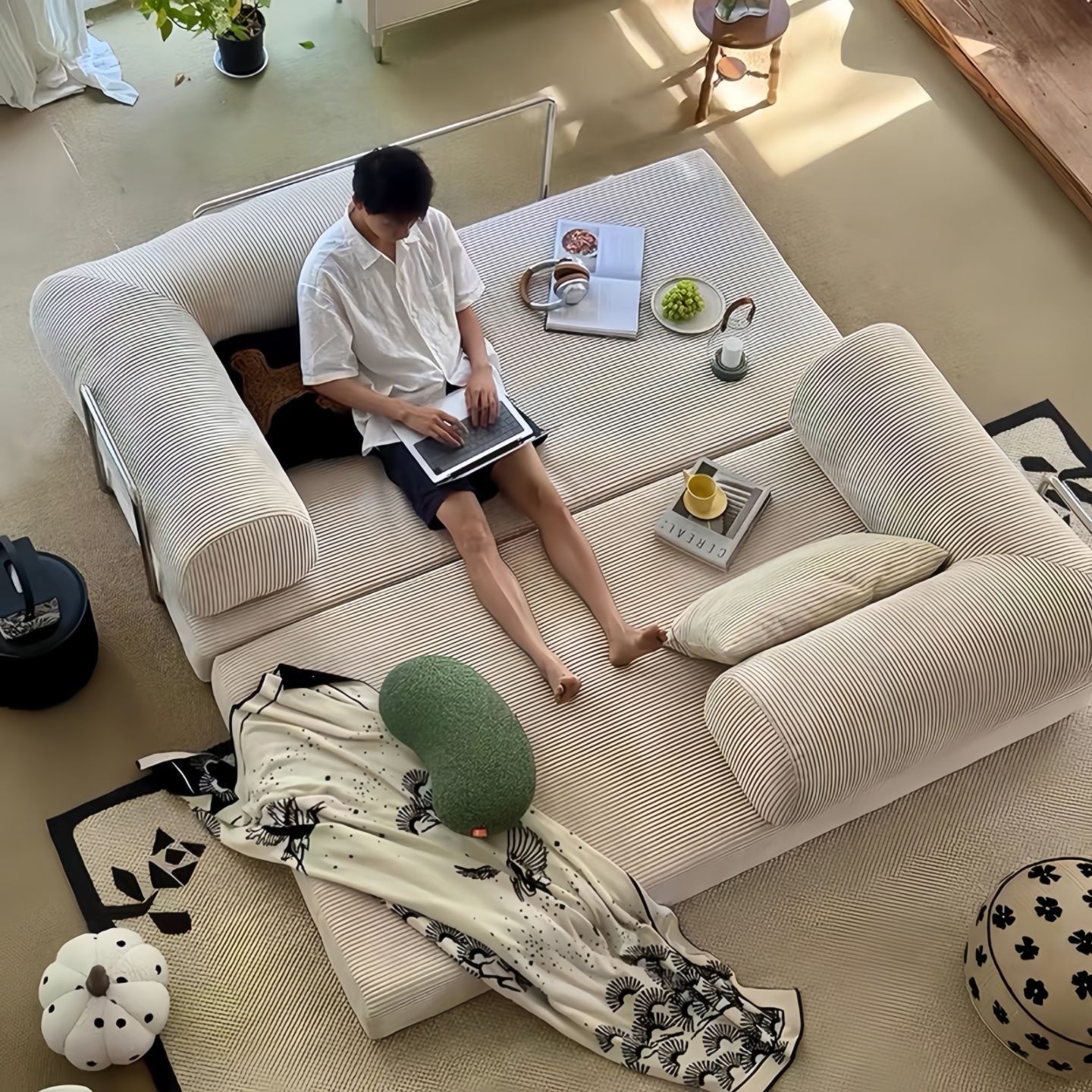 Cream Style Fabric Sofa Small Apartment Folding Dual-Purpose Compressed Retro Single and Double Module Pudding Sofa Bed Combination