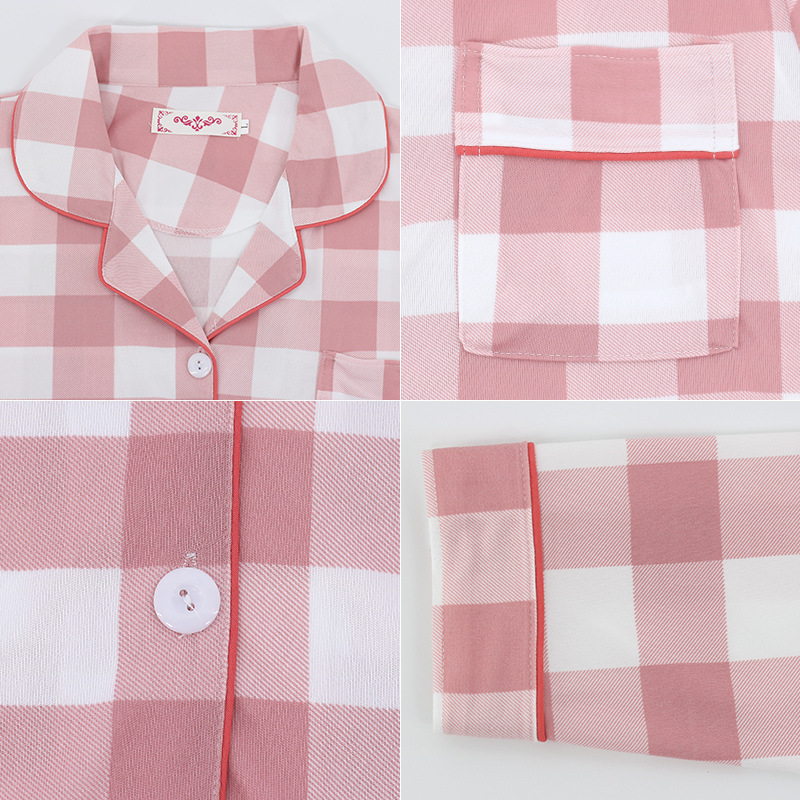 Pijama de las mujeres de primavera y otoño de manga larga a cuadros solapa cardigan comercio exterior de las mujeres delgadas impreso ropa de casa traje de pijama