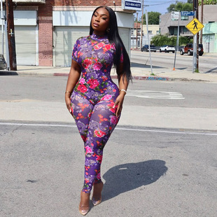 European and American style 2025 summer new cross-border women's sexy backless fashion printing perspective mesh jumpsuit women