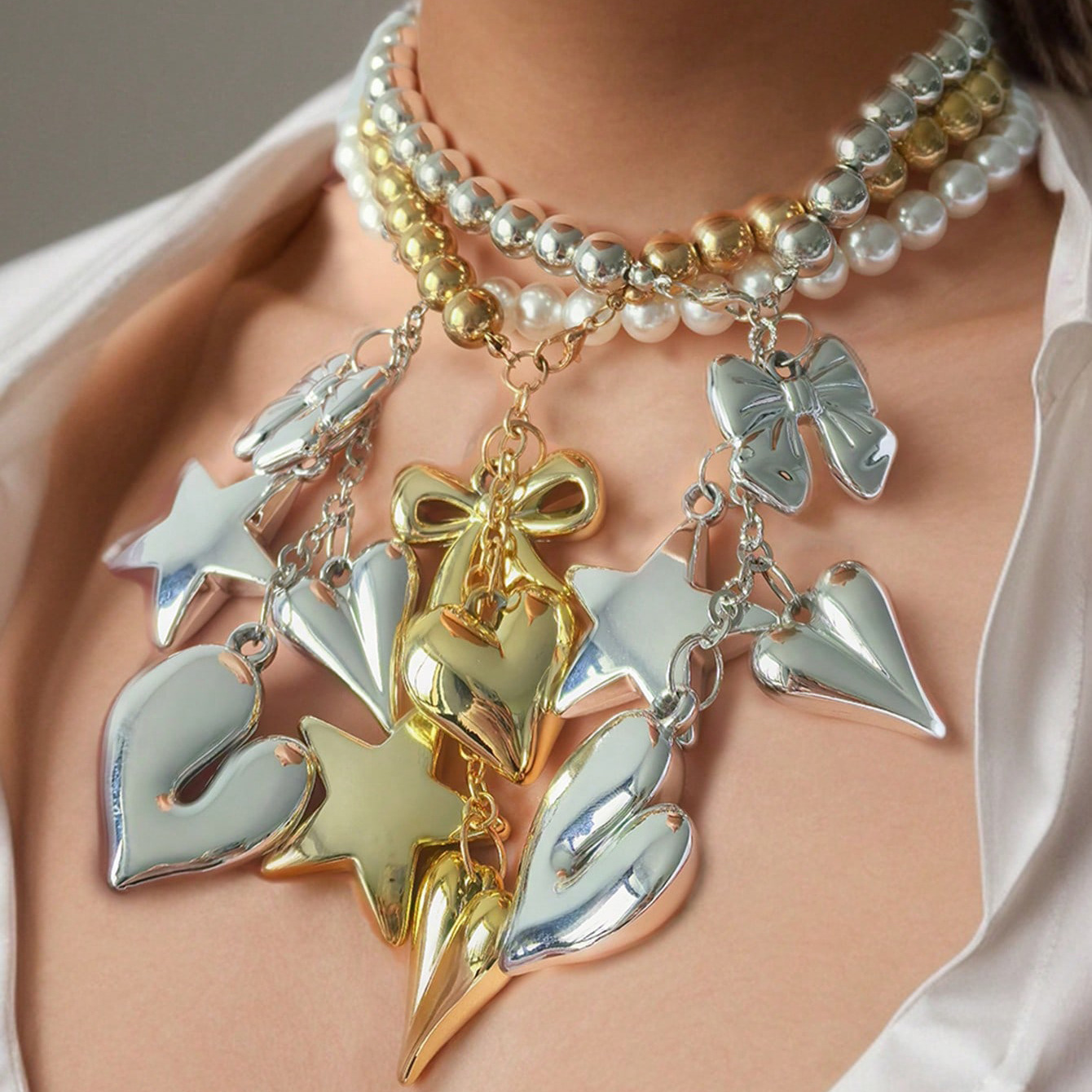 Casual, Holiday, Bar Occasion Exaggerated Sweet Star Heart Shape Bow Knot Plastic Beaded Chain Lobster Trigger Clasp Closure Statement Necklaces Wholesale