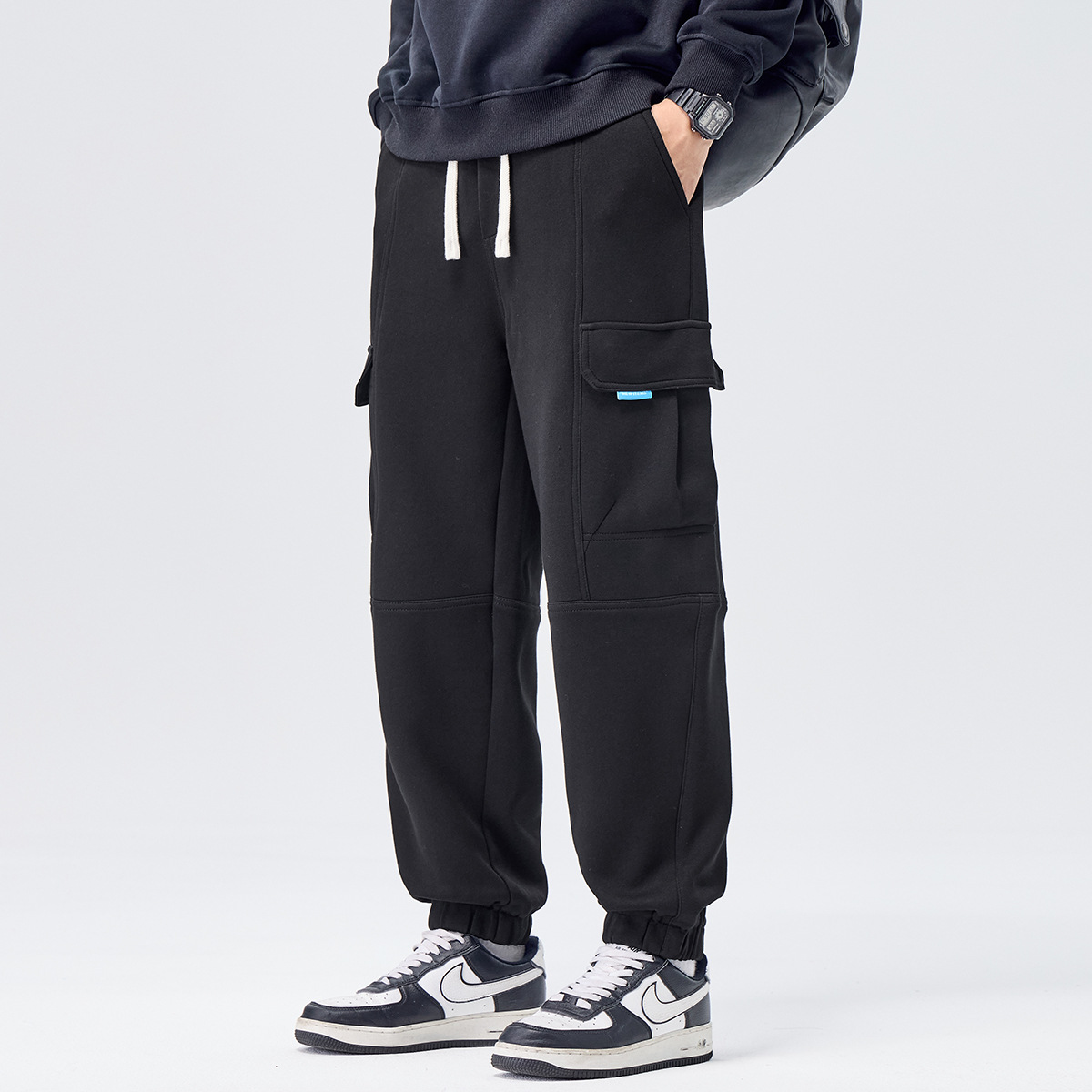 山系多口袋工装休闲裤高个子加长卫裤男秋冬加肥加大码收口卫裤男