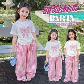 女童2026夏日款式宽松百搭蝴蝶结短袖格子阔腿裤套装印花短T裤子